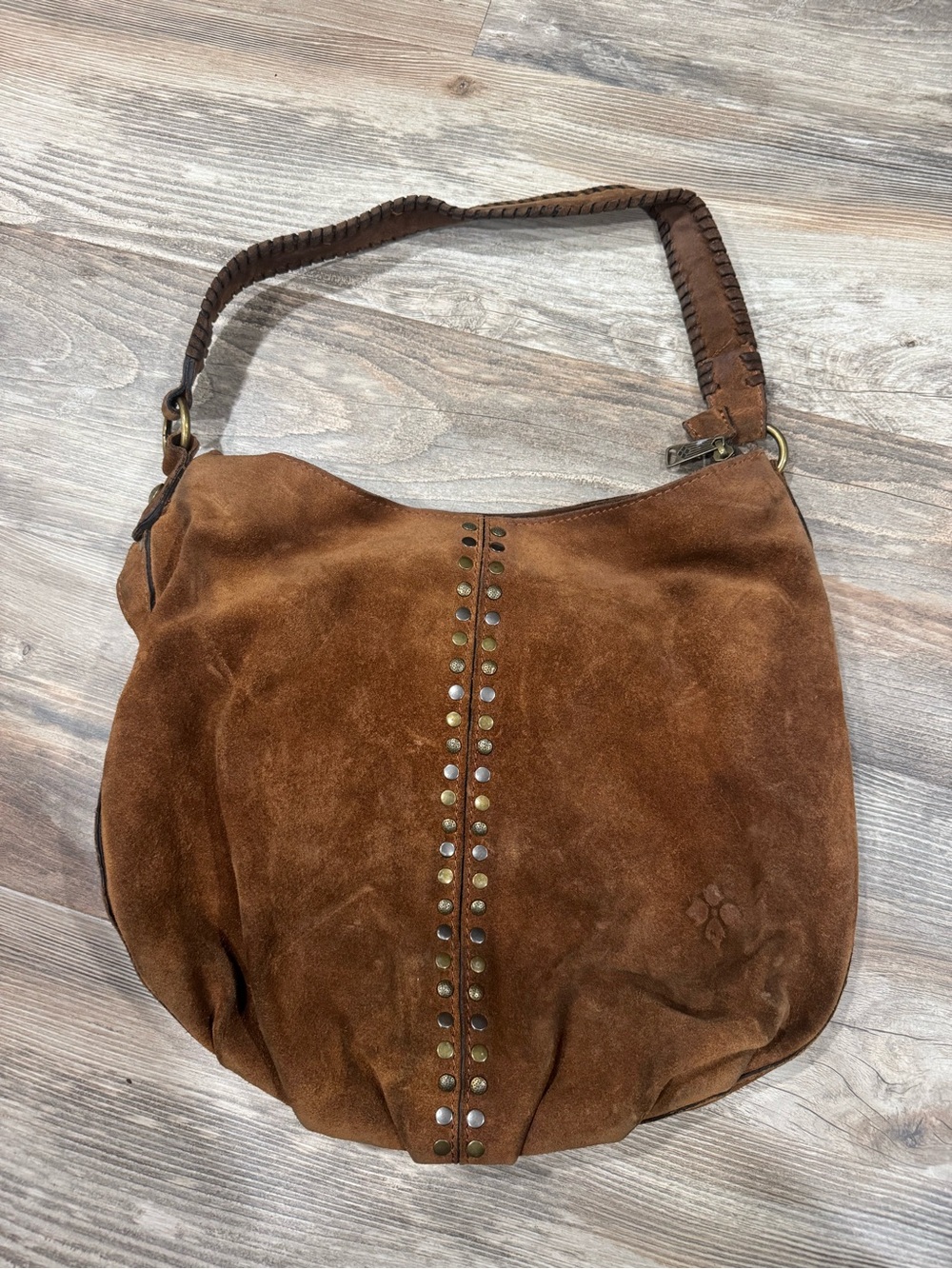 Patricia Nash Brown Suede Hobo Shoulder Bag with Stud Accent